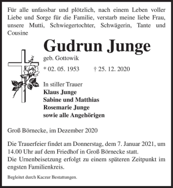 Traueranzeige von Gudrun Junge (geb. Gottowik)  von Magdeburger Volksstimme