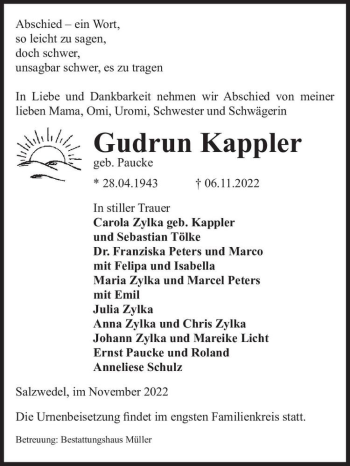 Traueranzeige von Gudrun Kappler (geb. Paucke)  von Magdeburger Volksstimme