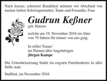 Traueranzeige von Gudrun Keßner (geb. Hansen)  von Magdeburger Volksstimme