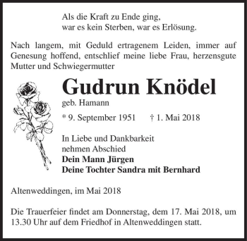 Traueranzeige von Gudrun Knödel (geb. Hamann)  von Magdeburger Volksstimme