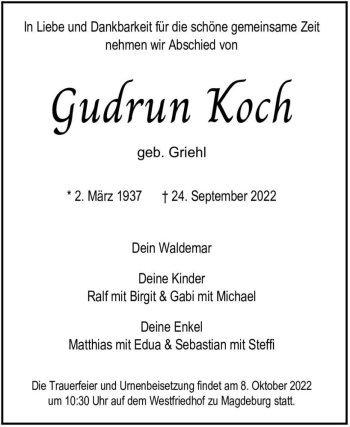 Traueranzeige von Gudrun Koch (geb. Griehl)  von Magdeburger Volksstimme