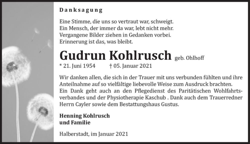  Traueranzeige für Gudrun Kohlrusch (geb. Ohlhoff)  vom 06.02.2021 aus Magdeburger Volksstimme