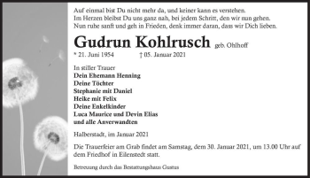 Traueranzeige von Gudrun Kohlrusch (geb. Ohlhoff )  von Magdeburger Volksstimme