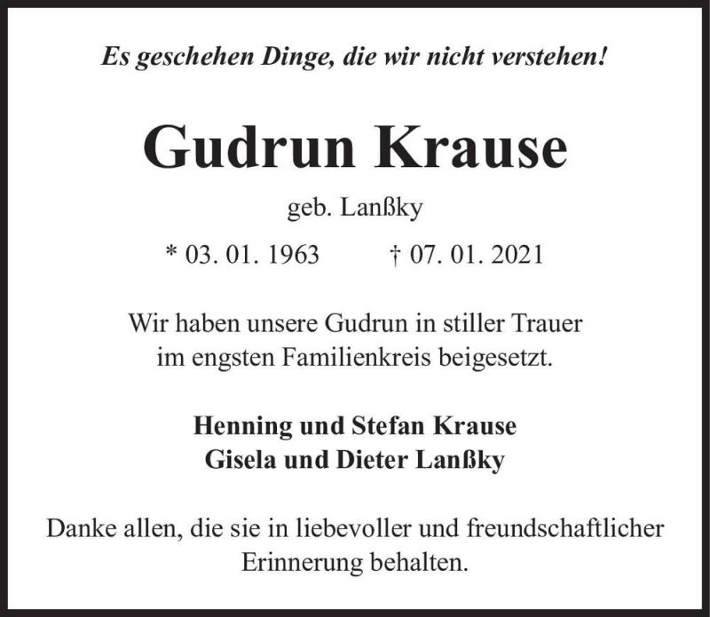  Traueranzeige für Gudrun Krause (geb. Lanßky)  vom 30.01.2021 aus Magdeburger Volksstimme