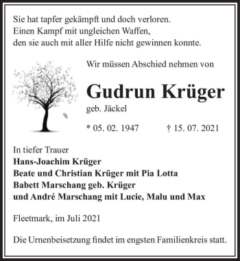 Traueranzeige von Gudrun Krüger (geb. Jäckel)  von Magdeburger Volksstimme