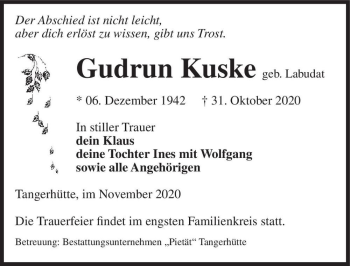 Traueranzeige von Gudrun Kuske (geb. Labudat)  von Magdeburger Volksstimme