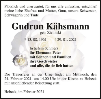 Traueranzeige von Gudrun Kähsmann (geb. Zielinski)  von Magdeburger Volksstimme