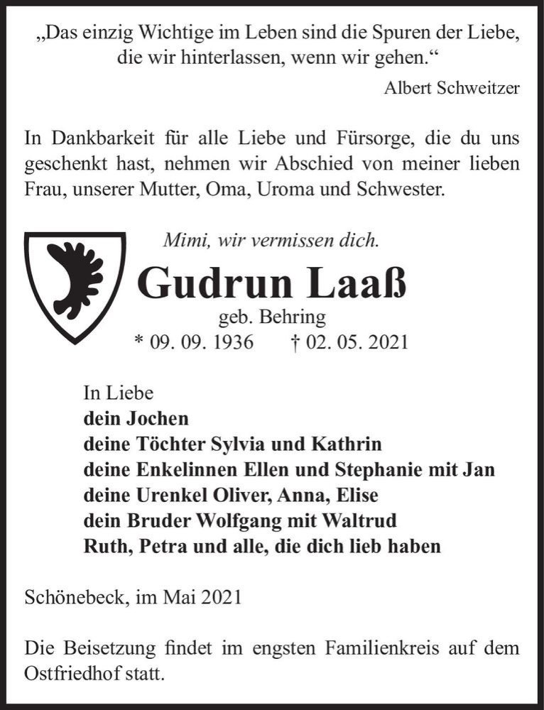  Traueranzeige für Gudrun Laaß (geb. Behring)  vom 08.05.2021 aus Magdeburger Volksstimme