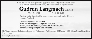 Traueranzeige von Gudrun Langmach (geb. Stoff)  von Magdeburger Volksstimme