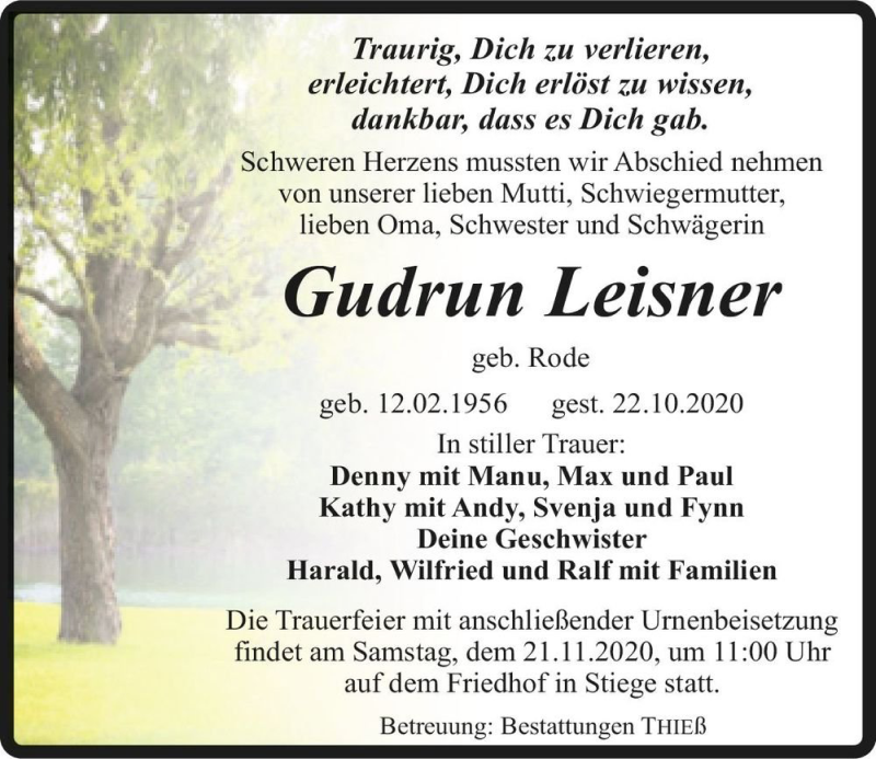  Traueranzeige für Gudrun Leisner (geb. Rode)  vom 30.10.2020 aus Magdeburger Volksstimme