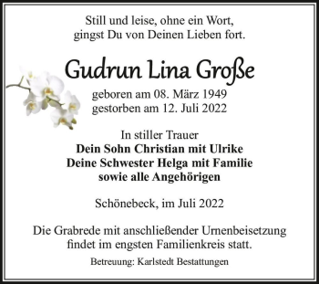Traueranzeige von Gudrun Lina Große  von Magdeburger Volksstimme