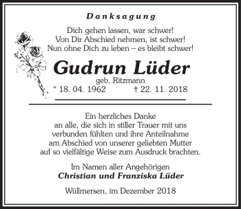 Traueranzeige von Gudrun Lüder (geb. Ritzmann)  von Magdeburger Volksstimme