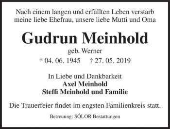 Traueranzeige von Gudrun Meinhold (geb. Werner)  von Magdeburger Volksstimme