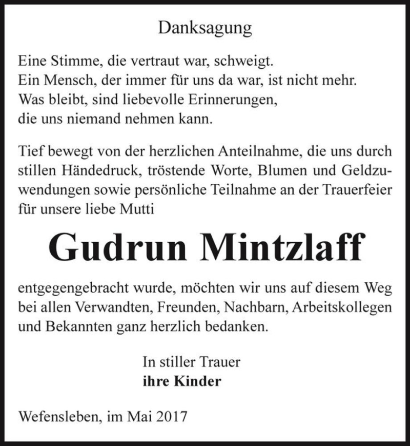  Traueranzeige für Gudrun Mintzlaff  vom 06.05.2017 aus Magdeburger Volksstimme