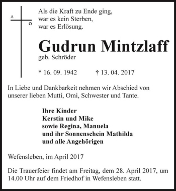 Traueranzeige von Gudrun Mintzlaff (geb. Schröder)  von Magdeburger Volksstimme