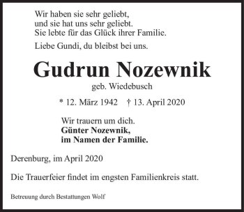 Traueranzeige von Gudrun Nozewnik (geb. Wiedebusch)  von Magdeburger Volksstimme