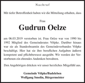 Traueranzeige von Gudrun Oelze  von Magdeburger Volksstimme