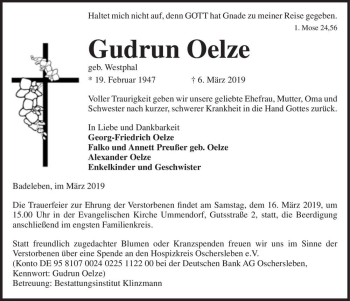 Traueranzeige von Gudrun Oelze (geb. Westphal)  von Magdeburger Volksstimme