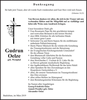 Traueranzeige von Gudrun Oelze (geb. Westphal)  von Magdeburger Volksstimme