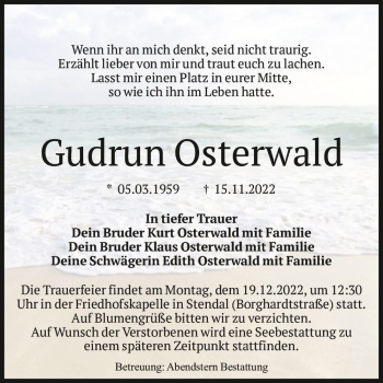 Traueranzeige von Gudrun Osterwald  von Magdeburger Volksstimme