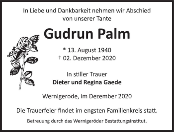 Traueranzeige von Gudrun Palm  von Magdeburger Volksstimme