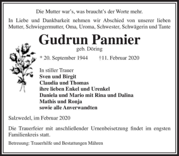 Traueranzeige von Gudrun Pannier (geb. Döring)  von Magdeburger Volksstimme