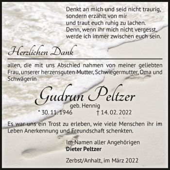 Traueranzeige von Gudrun Peltzer (geb. Hennig)  von Magdeburger Volksstimme