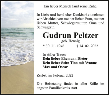 Traueranzeige von Gudrun Peltzer (geb. Hennig)  von Magdeburger Volksstimme