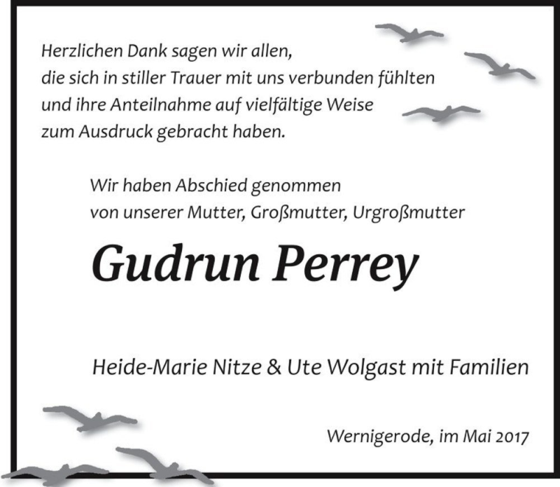  Traueranzeige für Gudrun Perrey  vom 15.05.2017 aus Magdeburger Volksstimme