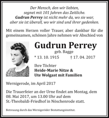 Traueranzeige von Gudrun Perrey (geb. Bagge)  von Magdeburger Volksstimme