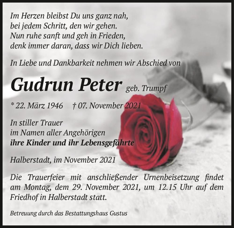  Traueranzeige für Gudrun Peter (geb Trumpf)  vom 13.11.2021 aus Magdeburger Volksstimme