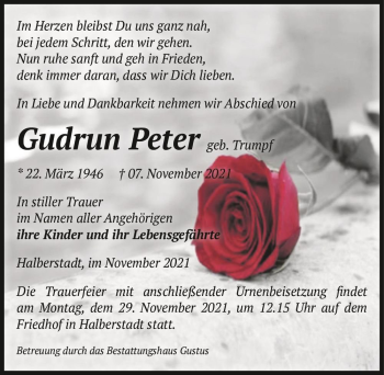 Traueranzeige von Gudrun Peter (geb Trumpf)  von Magdeburger Volksstimme