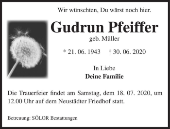 Traueranzeige von Gudrun Pfeiffer (geb. Müller)  von Magdeburger Volksstimme