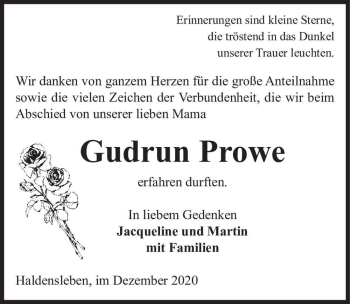 Traueranzeige von Gudrun Prowe  von Magdeburger Volksstimme