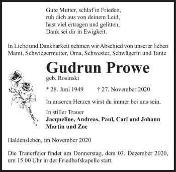 Traueranzeige von Gudrun Prowe (geb. Rosinski)  von Magdeburger Volksstimme