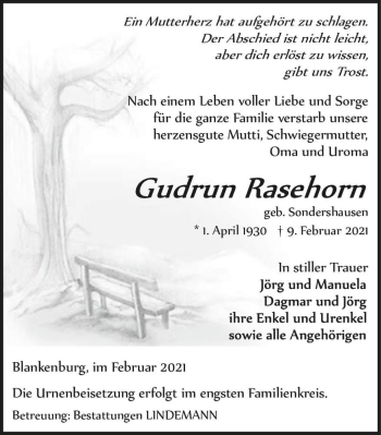 Traueranzeige von Gudrun Rasehorn (geb. Sondershausen)  von Magdeburger Volksstimme