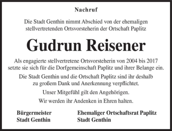 Traueranzeige von Gudrun Reisener  von Magdeburger Volksstimme