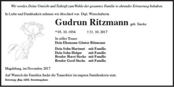 Traueranzeige von Gudrun Ritzmann (geb. Siecke)  von Magdeburger Volksstimme