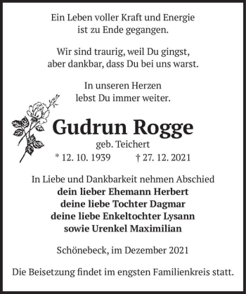 Traueranzeige von Gudrun Rogge (geb. Teichert)  von Magdeburger Volksstimme