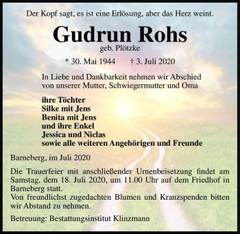 Traueranzeige von Gudrun Rohs (geb. Plötzke)  von Magdeburger Volksstimme