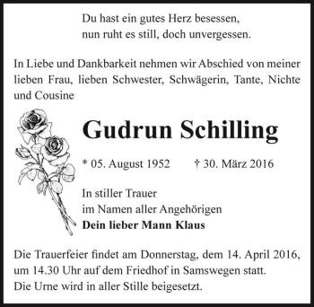 Traueranzeige von Gudrun Schilling  von Magdeburger Volksstimme