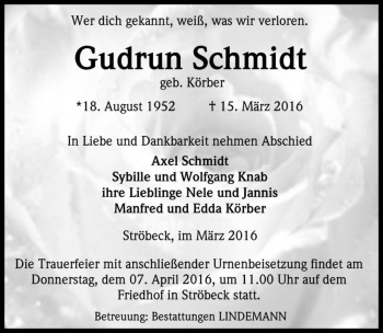 Traueranzeige von Gudrun Schmidt (geb. Körber)  von Magdeburger Volksstimme