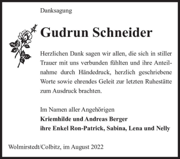 Traueranzeige von Gudrun Schneider  von Magdeburger Volksstimme