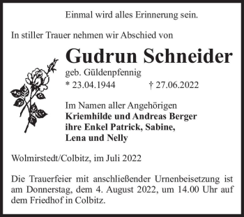Traueranzeige von Gudrun Schneider (geb. Güldenpfennig)  von Magdeburger Volksstimme