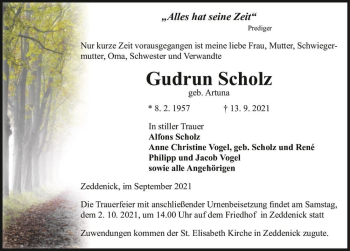 Traueranzeige von Gudrun Scholz (geb. Artuna)  von Magdeburger Volksstimme