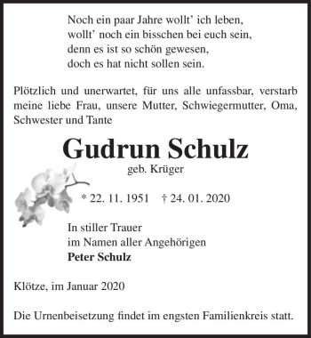 Traueranzeige von Gudrun Schulz (geb. Krüger)  von Magdeburger Volksstimme