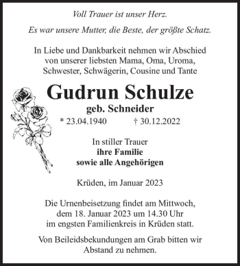 Traueranzeige von Gudrun Schulze (geb. Schneider)  von Magdeburger Volksstimme
