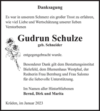 Traueranzeige von Gudrun Schulze (geb. Schneider)  von Magdeburger Volksstimme