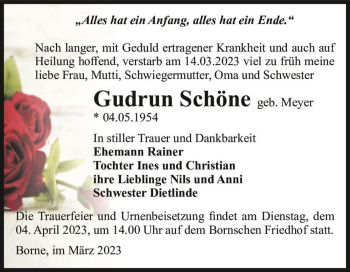 Traueranzeige von Gudrun Schöne (geb. Meyer)  von Magdeburger Volksstimme