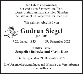 Traueranzeige von Gudrun Siegel (geb. Otto)  von Magdeburger Volksstimme